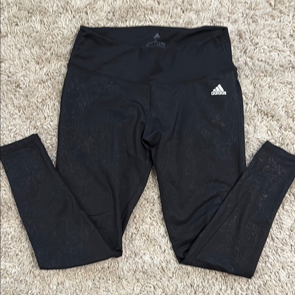 Adidas Black Climawarm Performance Leggings / Tights with rose / floral pattern - Picture 2 of 8